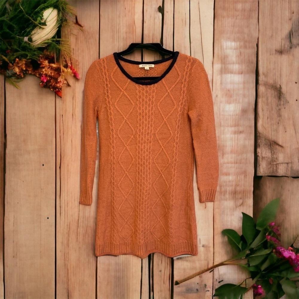 😍 - Season Wind-Burnt Orange Sweater Dress -Navy Blue neckline detail -Sz M … - Picture 4 of 10